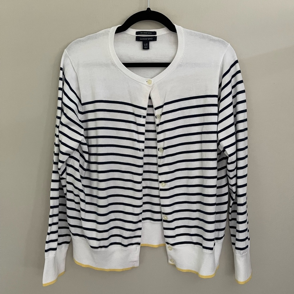 Lands End Striped Cotton Button Up Cardigan